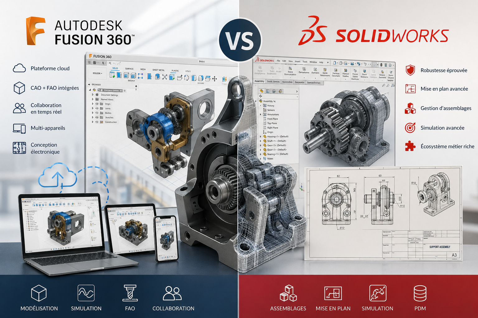 Visual for Autodesk vs. SolidWorks: Features, Differences, and Use Cases.