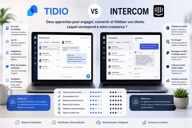 Visuel Tidio vs Intercom : fonctionnalités, différences et cas d'usage.
